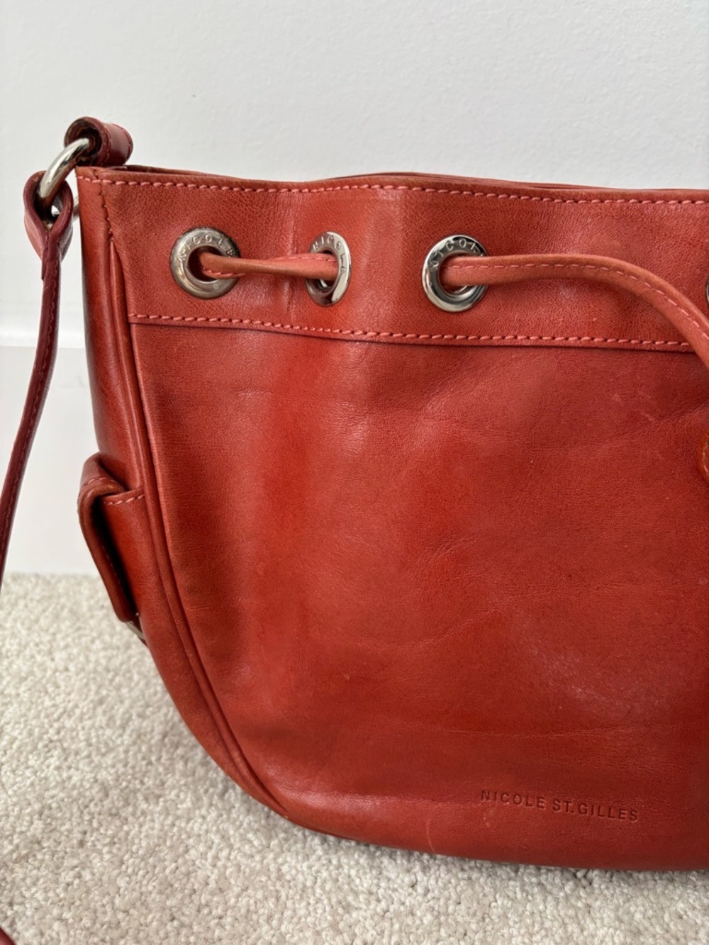 Nicole St Gilles Paris Leather Bucket Bag Rust Orange vintage crossbody - Picture 2 of 9